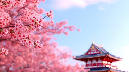 Blossoming cherry trees in serene setting