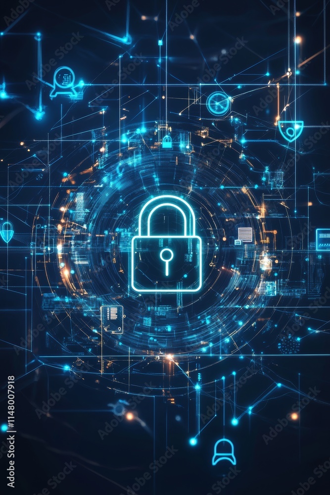 Poster digital security concept featuring a glowing padlock surrounded by interconnected data networks and 
