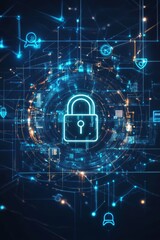 Digital Security Concept Featuring a Glowing Padlock Surrounded by Interconnected Data Networks and Icons Representing Online Protection