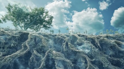 Beneath a Sky of Promise: A surreal landscape unfolds, where exposed roots intertwine like veins of the earth, reaching towards a solitary tree under a vibrant sky.