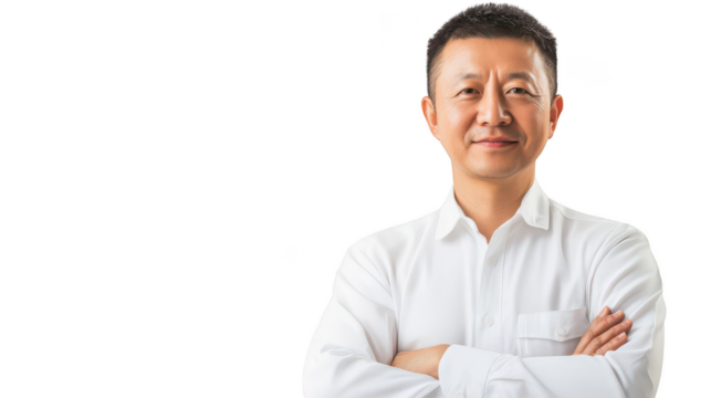 Professional Asian Man Standing Confidently with Arms Crossed