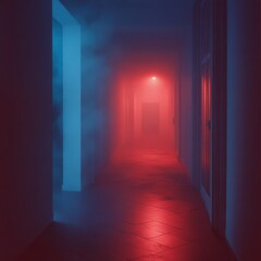 Fototapeta premium Mysterious Corridor Illuminated by Red and Blue Lights With Fog Creating an Eerie Atmosphere at Night