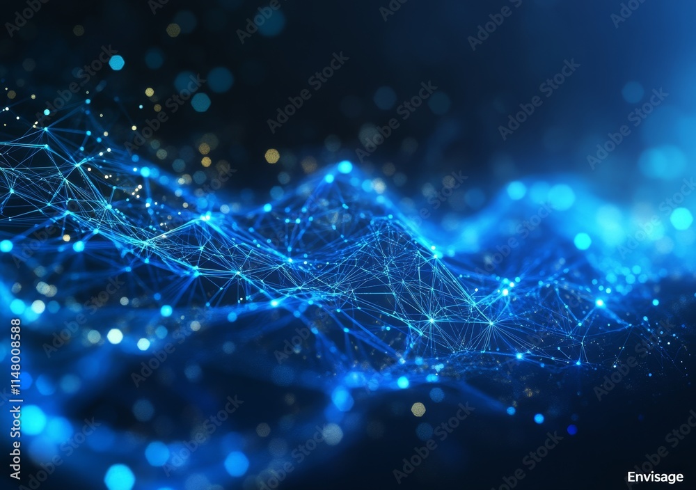 Poster dynamic blue abstract visualization representing interconnected data networks and digital communicat