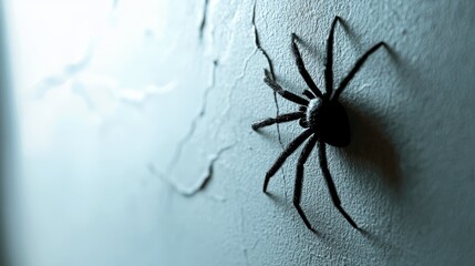 A black spider crawling on a white wall