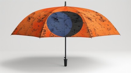 An orange umbrella with a blue circle design, showcasing a unique artistic pattern.