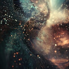 Abstract Cosmic Swirl Filled With Colorful Particles and Shimmering Lights in a Dark Background Representing a Galaxy or Nebula Environment