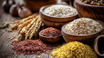 Fototapeta premium Aromatic Grains and Rustic Charm: A rustic wooden table is adorned with an assortment of grains, showcasing the beauty and diversity of nature's bounty. The image evokes a sense of warmth.