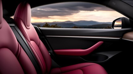 Fototapeta premium A view of the interior of a car with red leather seats