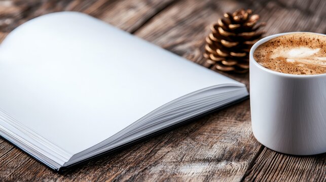 A cup of coffee next to an open book on a wooden table