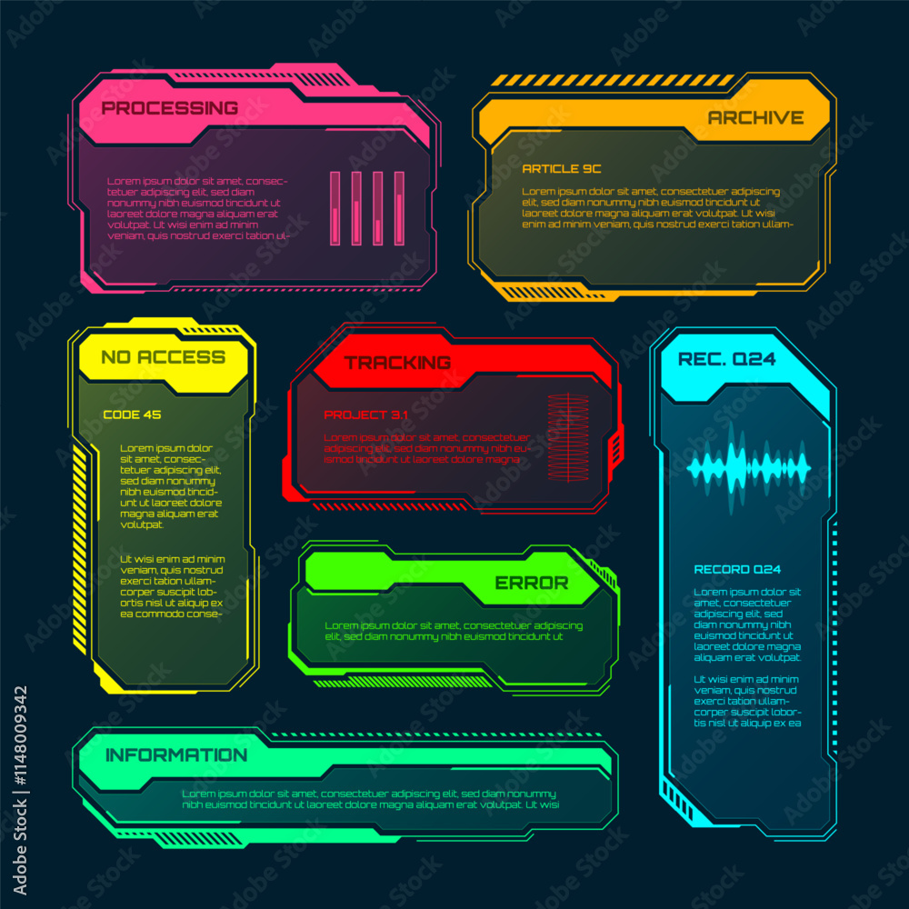 Poster futuristic hud or ui elements. sci-fi user interface text boxes, callouts. colorful warning message 