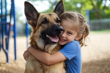 the girl hugs the dog