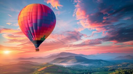 Fototapeta premium A colorful hot air balloon floats over a landscape of mountains and valleys at sunrise or sunset. The scene radiates adventure, beauty, and freedom.