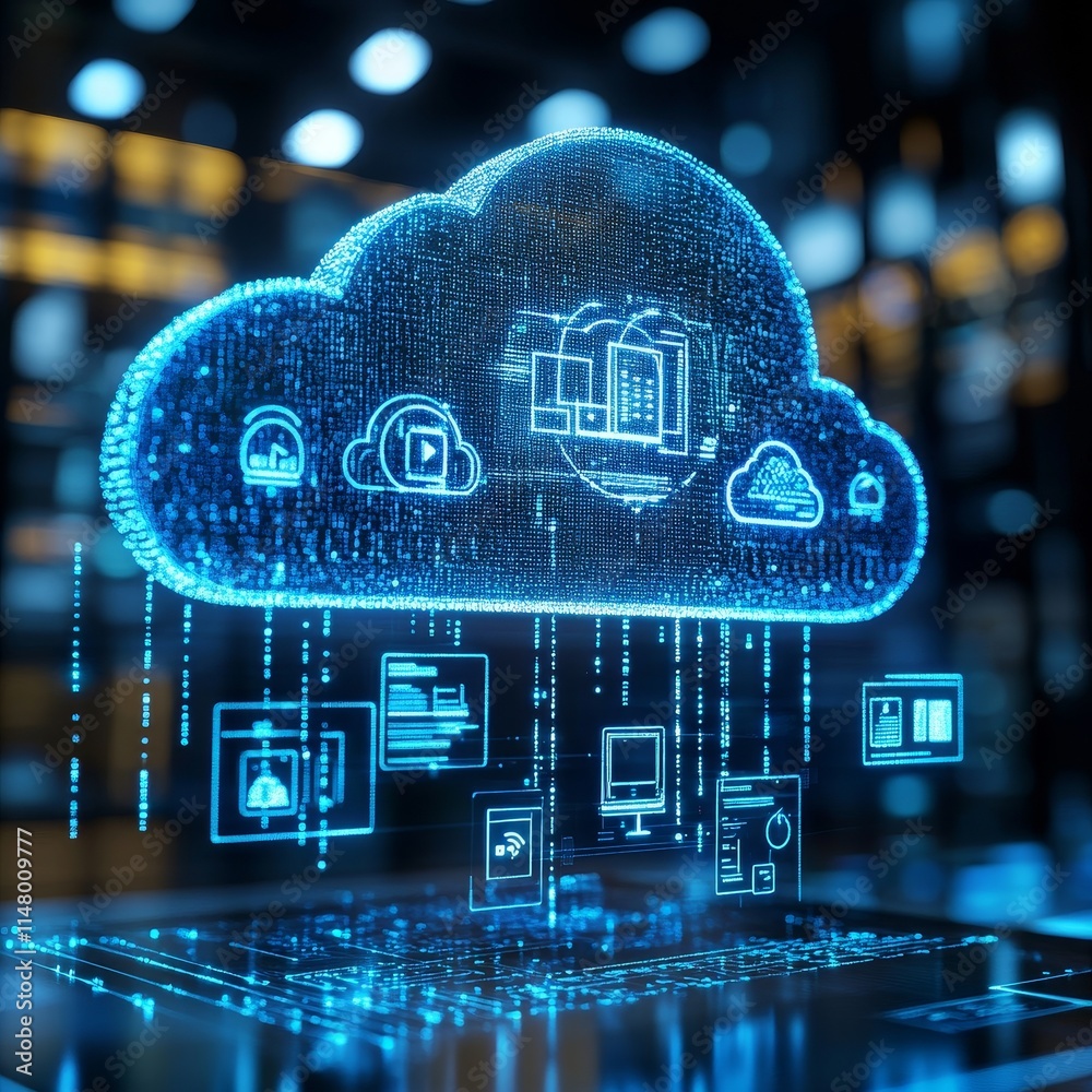 Poster digital cloud computing visualization with data streams, software applications, and interconnected d
