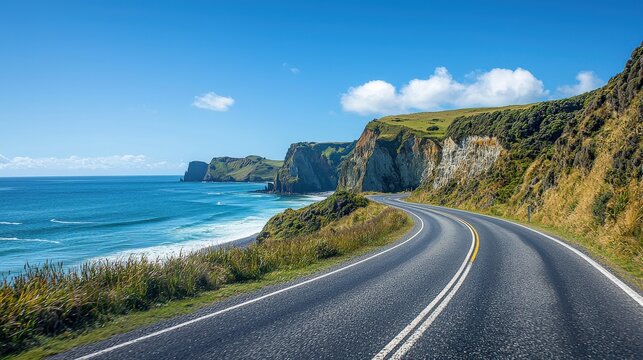 A scenic coastal road winds along cliffs, offering breathtaking views of the ocean and lush greenery under a clear blue sky.