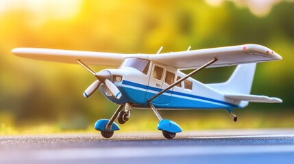 A close-up of a model airplane on a runway with a blurred natural background.