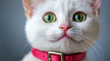 A white cat with green eyes wearing a pink collar