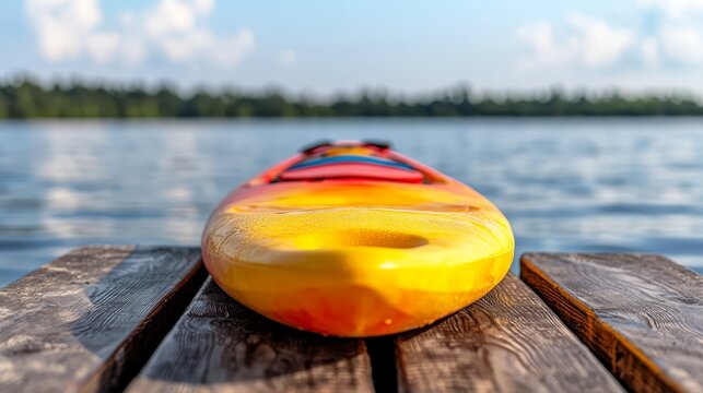 A yellow kayak sitting on top of a wooden dock