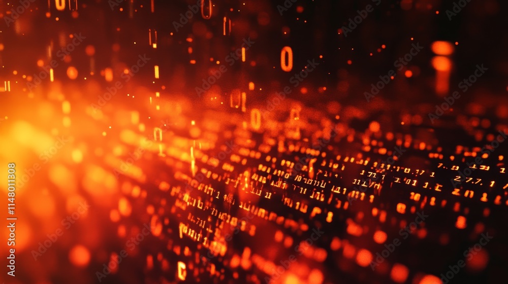 Poster dynamic flow of glowing binary code in an abstract digital landscape amidst a warm orange and red gl