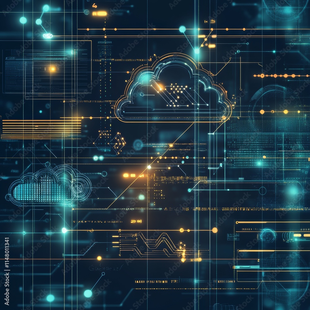 Aufkleber Exploring Digital Cloud Technology With Abstract Data Visualizations and Glowing Circuitry in a Dark Background for Modern Computing Concepts