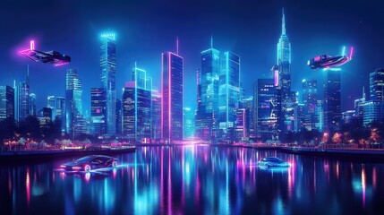 Fototapeta premium A vibrant futuristic cityscape with neon lights, hovering vehicles, and reflections on water, creating a sci-fi atmosphere.