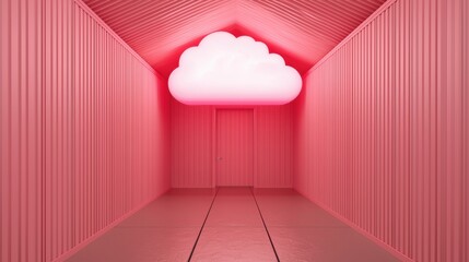 Cloud computing, automation, and backup Bright pink room with a glowing cloud centerpiece in a minimalist design.