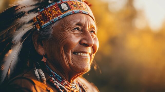 Native American Elder, Beaded Headdress, Feather Bonnet, Sunset Portrait