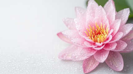 Fototapeta premium Close-up of a pink water lily with water droplets on petals and leaf.