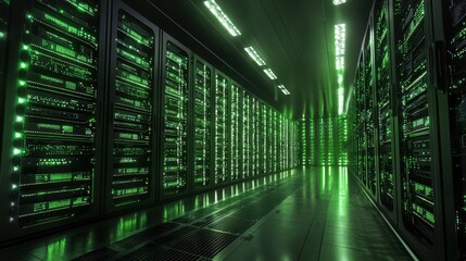 Obraz premium Cloud computing, automation, and backup High-tech server room illuminated with green lights and rows of servers.