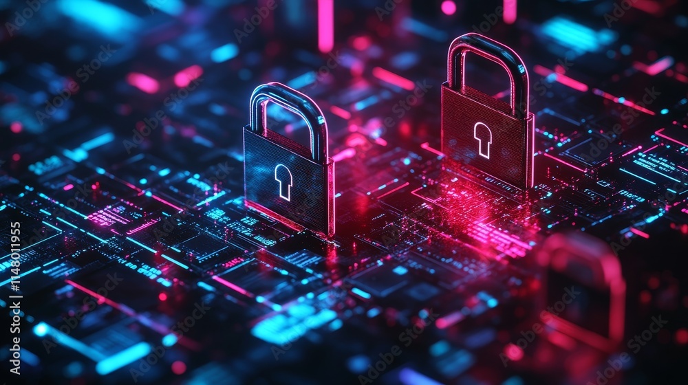 Poster digital locks securing data in a futuristic cyber environment filled with vibrant neon colors and in