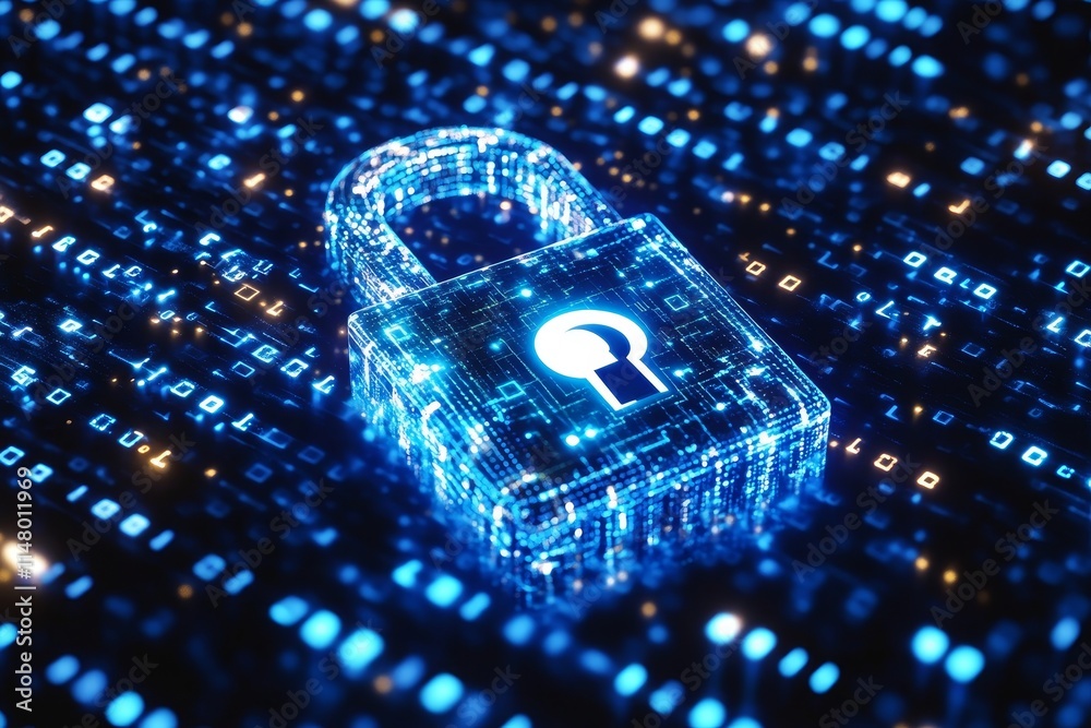 Poster digital padlock surrounded by binary code symbolizes online security and data protection in a tech-f