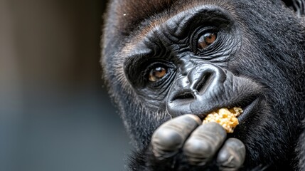 Obraz premium A close up of a gorilla eating a piece of food