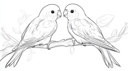 Fototapeta premium Two Budgies Perched on a Branch Among Leaves