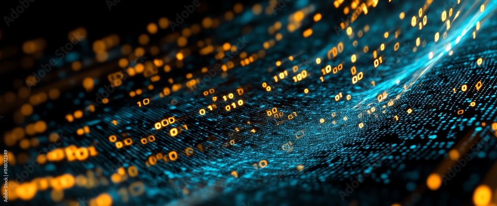 Aufkleber Digital Data Stream Flowing Through a Virtual Space Illuminated by Glowing Binary Code at Night