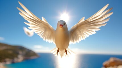 Fototapeta premium A white dove flying over the ocean with its wings spread