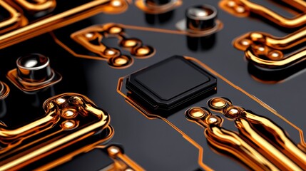 Close-up of a Circuit Board with Gold Traces and Black Chip