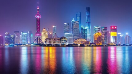 Obraz premium Vibrant Shanghai skyline at night, reflecting on calm waters.