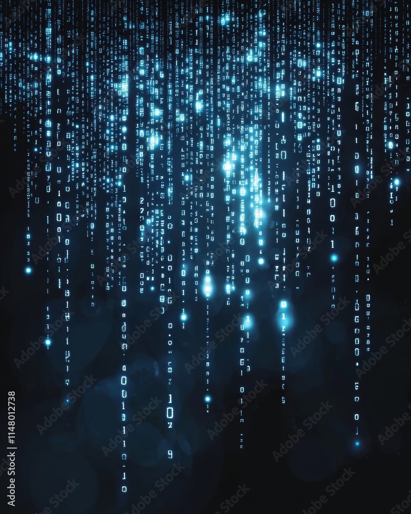 Poster digital rain of blue binary code creates a futuristic atmosphere illuminating a dark background with