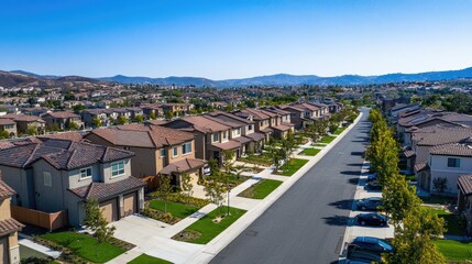 Aerial view of a suburban neighborhood with houses, streets, and landscaping on a sunny day.