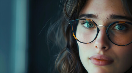 Fototapeta premium Close-Up Photograph of a Woman Wearing Stylish Glasses in Soft Lighting, Perfect for Lifestyle and Eyewear Fashion Use Cases