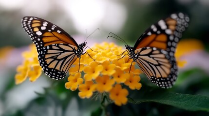 Obraz premium A couple of butterflies sitting on top of a yellow flower