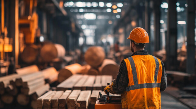 Worker in safety gear operates machinery in a lumber mill at dusk. 