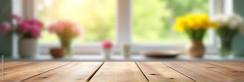 Poster a wood table top with a blurred window view of flowers is ideal for product displays and layouts._00