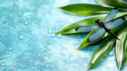 A dragonfly sitting on top of a green leaf