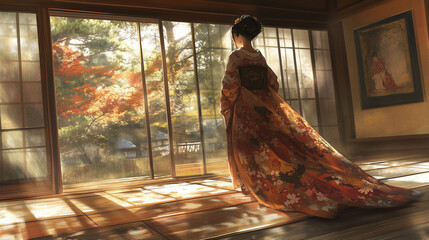 Image of beautiful young geisha woman in traditional japanese kimono