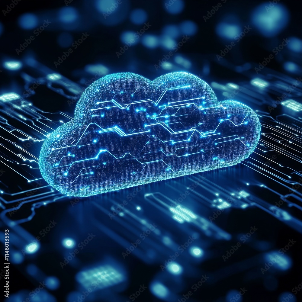 Poster digital cloud technology representation in a futuristic style with glowing circuitry and data connec
