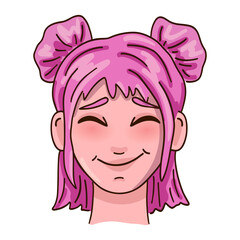 Cutie female person face with pink hair. Vector illustration.