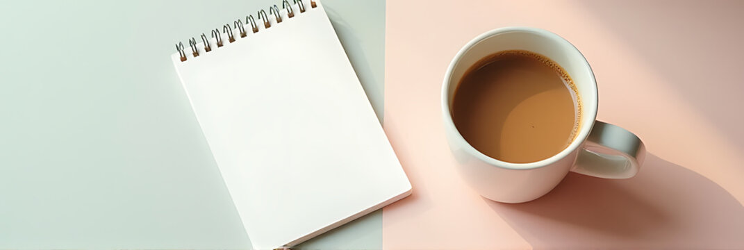 A warm cup of coffee sits beside a blank notepad on a soft pastel colored table to stimulate creativity._00003_