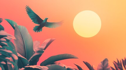 A colorful tropical scene featuring a bird in flight against a vivid sunset, surrounded by lush foliage silhouettes.