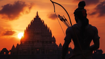 Lord Rama Silhouette with Bow and Arrow in Front of Ram Mandir at Sunset: A Glimpse of Indian Mythology. AI generated illustration