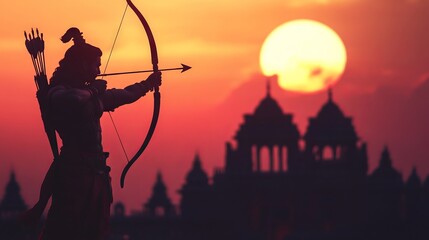 Lord Rama Silhouette with Bow and Arrow in Front of Ram Mandir at Sunset: A Glimpse of Indian Mythology. AI generated illustration